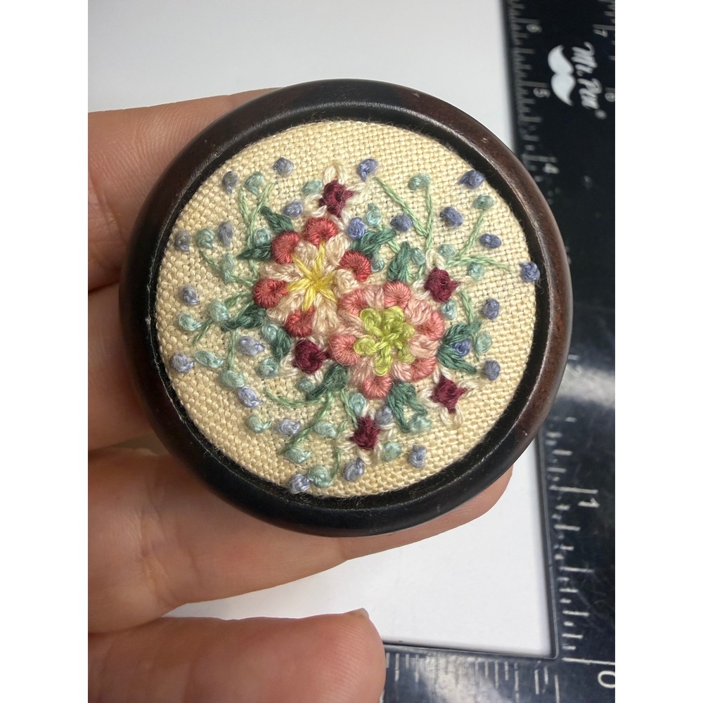 Handmade Floral Embroidery Wood Brooch Pin Round Cottagecore Needlepoint Boho